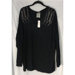 NWT Vocal Women's Black Laser Cut Shoulder Long-Sleeve Top w Stones - 2XL